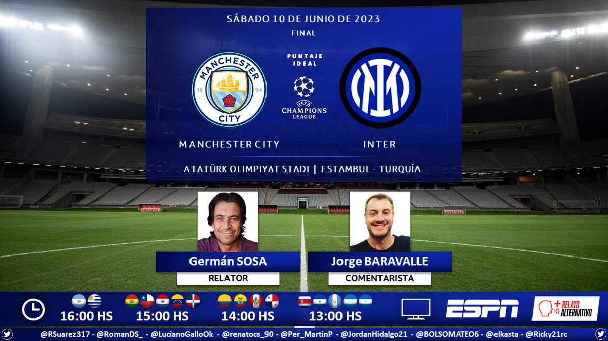 Link Relato alternativo Final champions League 
futbol-libre.org/event/?r=aHR0c…

⚽ #UCL - #UCLfinal📷 | 📷 #ManchesterCity vs. #Inter 📷 Relator: @GermanSosaEspn 
📷 Comentarista:@jorgebaravalle🎙 @Puntaje_Ideal  Alternativo (SAP)  #CHAMPIONSxESPN #premierxespn