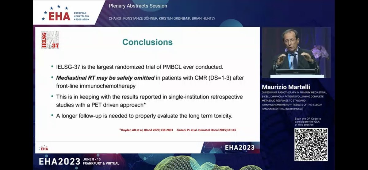 Kate Cwynarski (@cwynkate) on Twitter photo Delighted we recruited #PMBCL pts to this practice-informing #IELSG37 Randomised Ph3 trial: consolidation RT vs no RT if PET- post chemo?
Helpful to have another potentially ‘RT-free’ strategy: R-DA-EPOCH vs R-CHOP-14?
<a href="/AndyD1036/">Andrew Davies</a> <a href="/SFBarringtonKCL/">Sally Barrington</a>
#EmanueleZucca ++ 👏
#EHA2023 Delighted we recruited #PMBCL pts to this practice-informing #IELSG37 Randomised Ph3 trial: consolidation RT vs no RT if PET- post chemo?
Helpful to have another potentially ‘RT-free’ strategy: R-DA-EPOCH vs R-CHOP-14?
<a href="/AndyD1036/">Andrew Davies</a> <a href="/SFBarringtonKCL/">Sally Barrington</a>
#EmanueleZucca ++ 👏
#EHA2023