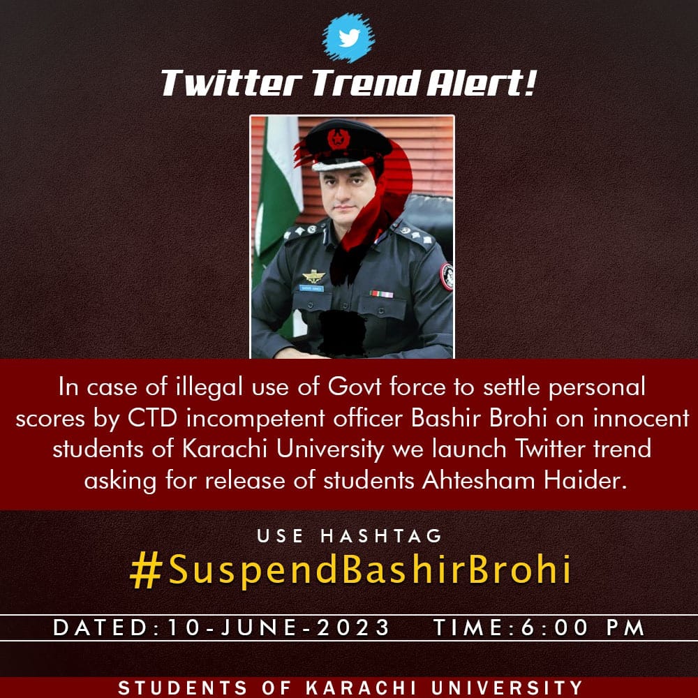 mr7DeedaR's tweet photo. بااثر ایس ایس پی سی ٹی ڈی بشیر بروہی کی جانب سے طاقت کے زور پر طالب علم پہ لگائے گئے تمام مقدمات جھوٹ پر مبنی ہیں۔
@BBhuttoZardari
@sindhpolicedmc8
@KamranTessoriPk 
@MuradAliShahPPP

#SuspendBashirBrohi

Release Ahtesham Haider
Release Mureed Abbass https://t.co/Zdt9Rog2FW