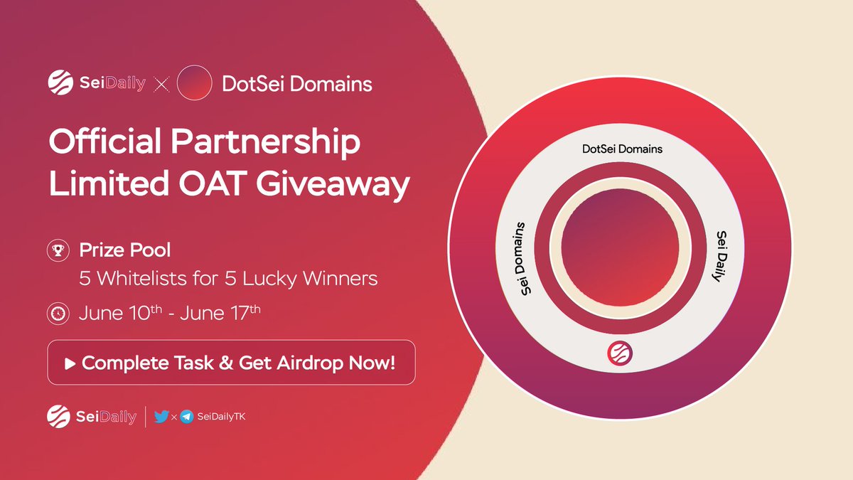 InkDailyTK's tweet photo. 📢 OFFICIAL PARTNERSHIP GIVEAWAY

@SeiDailyTK x @dotseidomains

➡️ COMPLETE TASKS &amp; GET AIRDROP HERE: https://t.co/iC4bd66RMX

🎁 Prize Pool:
5 Whitelists for 5 winners

⌛ June 10th - June 17th

#Airdrop #Giveaway #SeiNetwork https://t.co/d44HwwdW5O