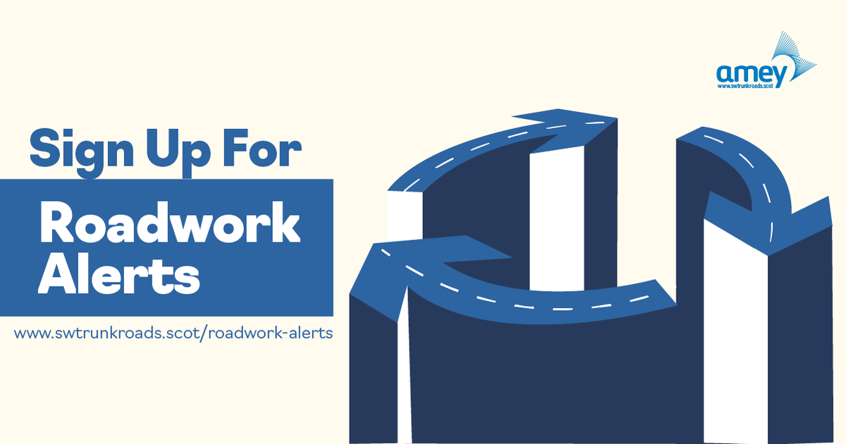 SWTrunkRoads's tweet photo. 📢 Get roadwork updates sent to your inbox by signing up here: https://t.co/xqkx1fJvfc 

✅ Already signed up to our roadwork alerts? Just sign in and select the service to receive them.  

@trafficscotland https://t.co/NzyM469unK