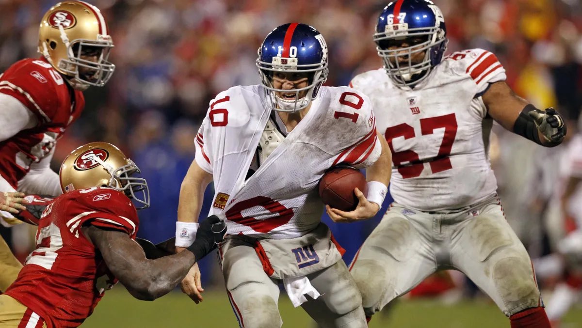The most impressive Eli Manning Game to me was the 2011 NFC Championship in SF.

The 49ers sacked him six times. They knocked him down 12 times. They hit him 20 times.

Manning answered the bell with 316 yards and 2 touchdowns, leading the Giants to their second Super Bowl in 5