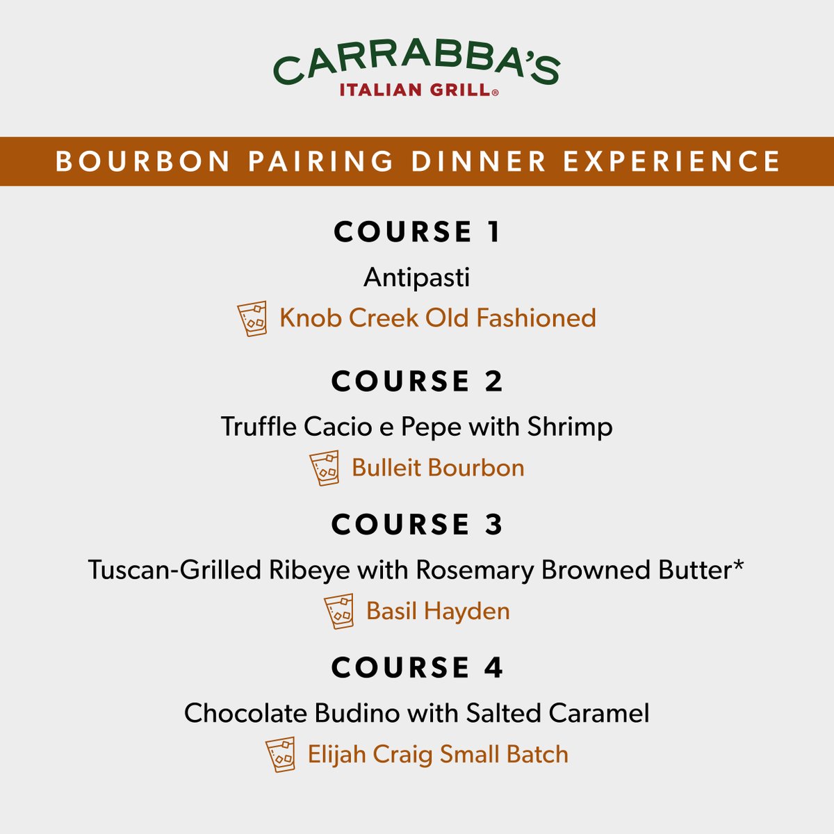 Lift your spirits and raise a glass to an unforgettable evening.🥃

This unique bourbon experience will highlight the the sweetness and warmth of bourbon, paired with the flavors of Italy. 🇮🇹

Don't miss out, space is limited. Reserve today at carrabbas.com/winedinner
