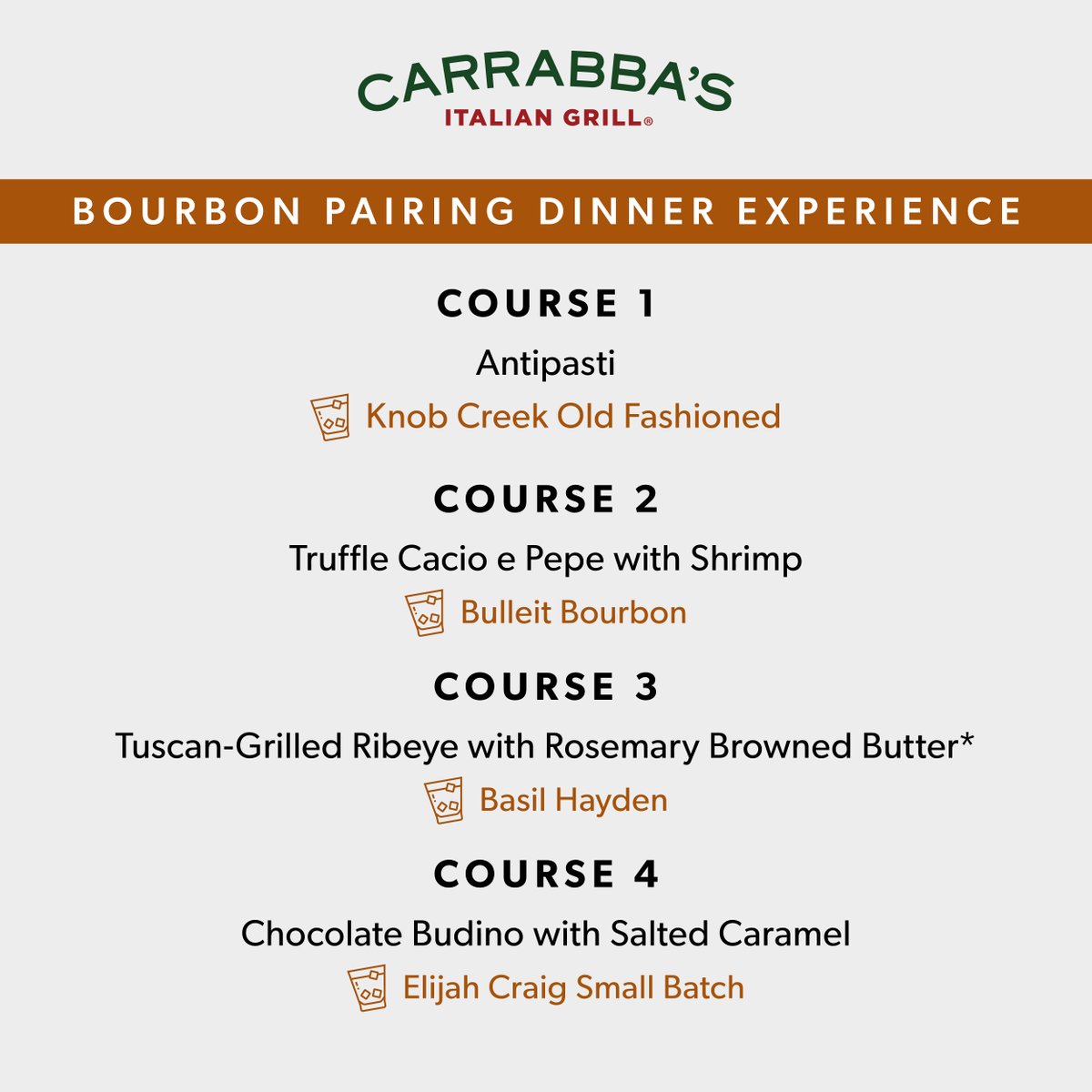 Lift your spirits and raise a glass to an unforgettable evening.🥃 This unique bourbon experience will highlight the the sweetness and warmth of bourbon, paired with the flavors of Italy. 🇮🇹 Don't miss out, space is limited. Reserve today at carrabbas.com/winedinner