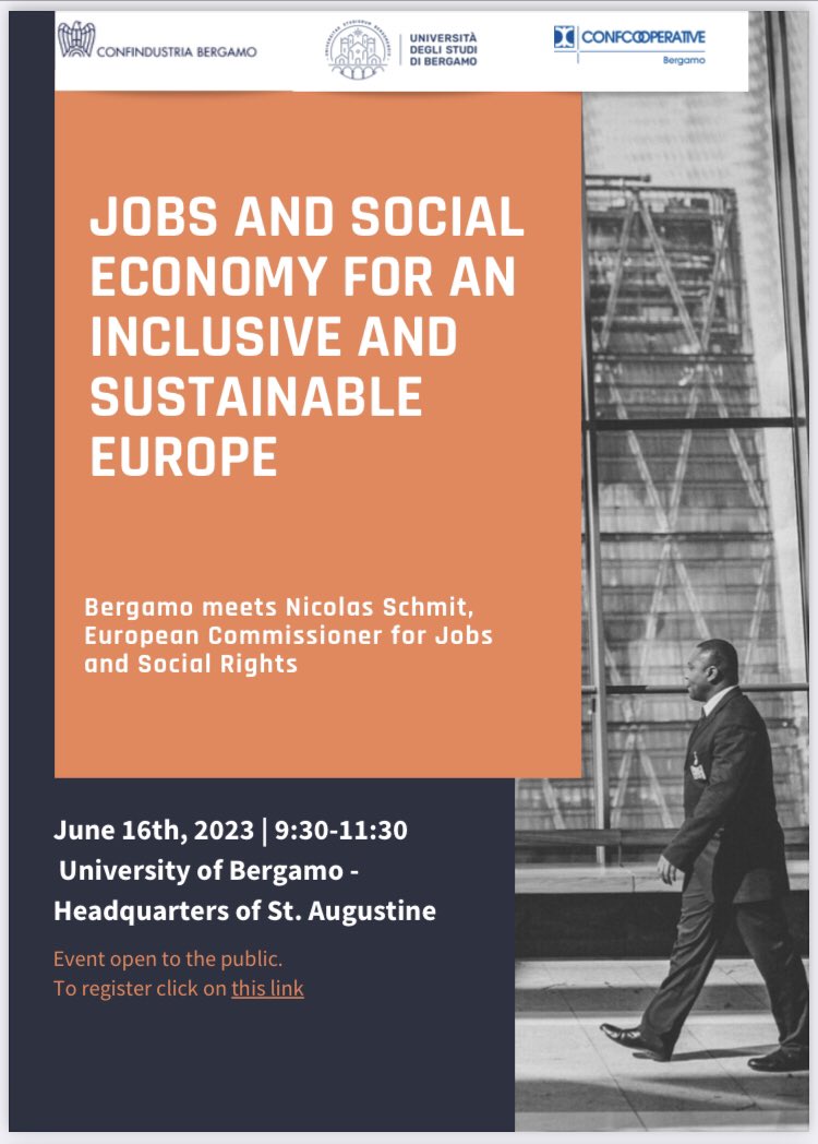 On Friday 16 June in #Bergamo we will be able to listen to the European Commissioner for Employment and Social Affairs @NicolasSchmitEU. An event of extraordinary importance to talk about #SocialEconomy with Local Authorities and Social Partners. A big one for all of us!