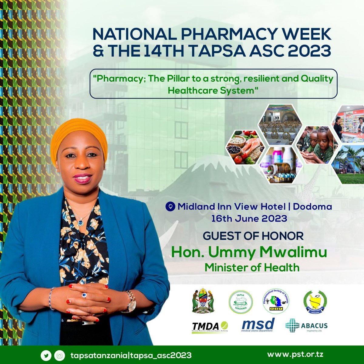tapsadecca's tweet photo. 🥳🥳 NATIONAL PHARMACY WEEK AND 14th TAPSA ANNUAL SCIENTIFIC CONFERENCE 2023.
Guest of Honor will be #THE ONLY ONE
MINISTER OF HEALTH,Hon.
@ummymwalimu
.
Why would you let this chance pass ASIDE ??
BOOK YOUR SEAT NOW 📝
REGISTER®️
#NATIONAL_PHARMACY_WEEK
#DODOMA
#14thASC https://t.co/w7PvAmi0pX