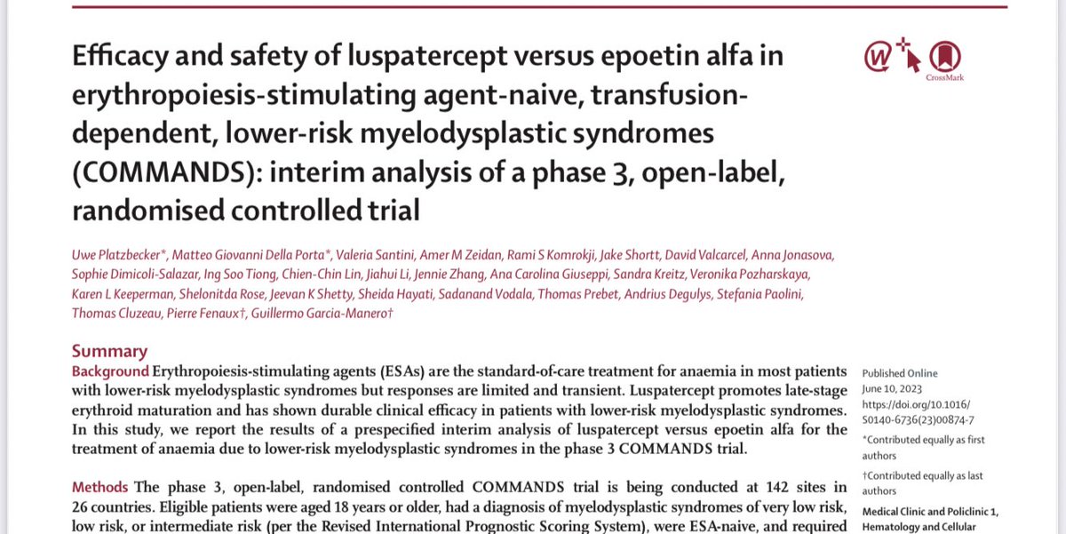 Dr_AmerZeidan's tweet image. A great moment of progress (&amp;amp; a personal pride for involvement) in lower risk #MDSsm with #COMMANDS trial showing a drug (luspatercept) for first time beating ESA for anemia. Results shown in plenary session in #EHA23 &amp;amp; #EHA2023 &amp;amp; concurrent publication in @TheLancet @YaleCancer