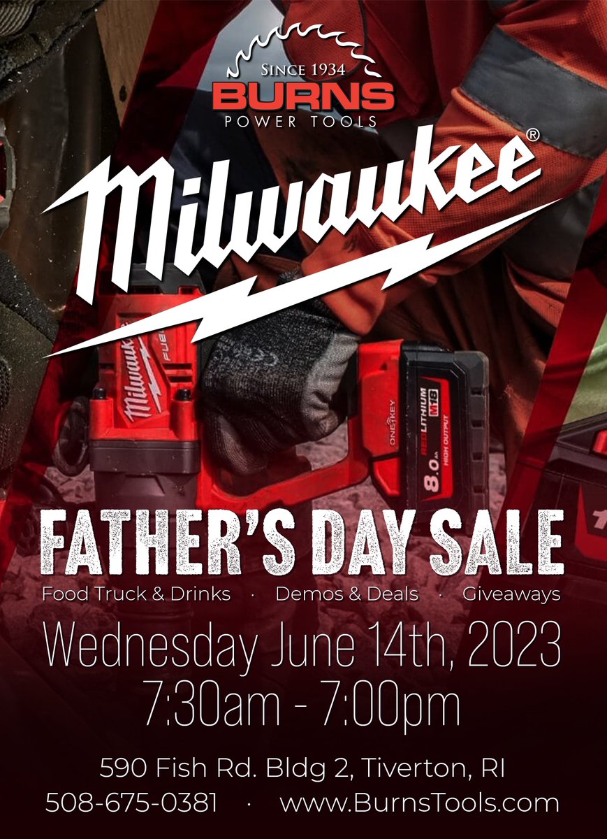 BurnsTools's tweet image. Father&apos;s Day is this weekend, with that in mind
tomorrow is the perfect opportunity to get your dad or
yourself the right gift. Join us at #BurnsPowerTools for
great deals and a good time! #FathersDay #milwaukee #cordlesstools #powertools #electricians #plumbers #carpenters #diy
