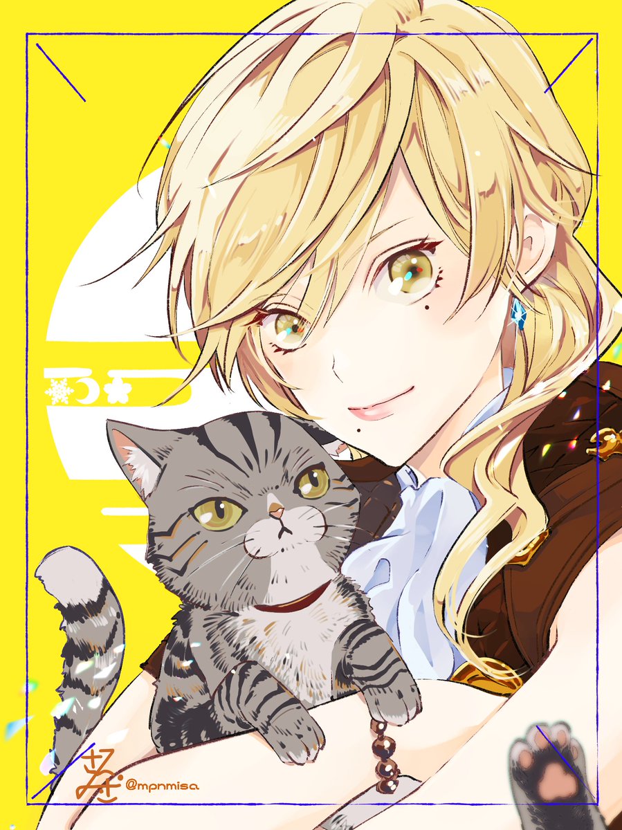 blonde hair 1girl jewelry mole smile yellow eyes cat  illustration images