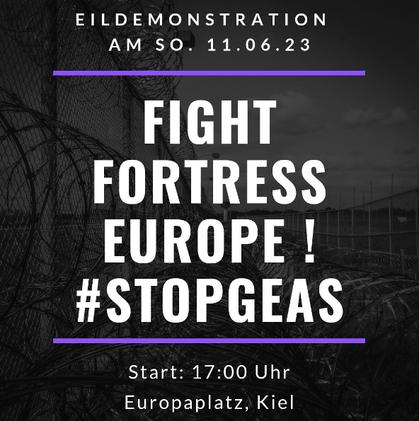 GJSH's tweet photo. +++ #STOPGEAS-Demos +++
NEIN zur Festung Europa! Komm morgen in Kiel und Flensburg mit auf die Straßen - wir brauchen dich dringender denn je.
Denn wir wollen ein deutliches Zeichen gegen die Entrechtung von Geflüchteten und das wachsende Leid an den Außengrenzen zu setzen. #Geas https://t.co/vlZwVdX6jw
