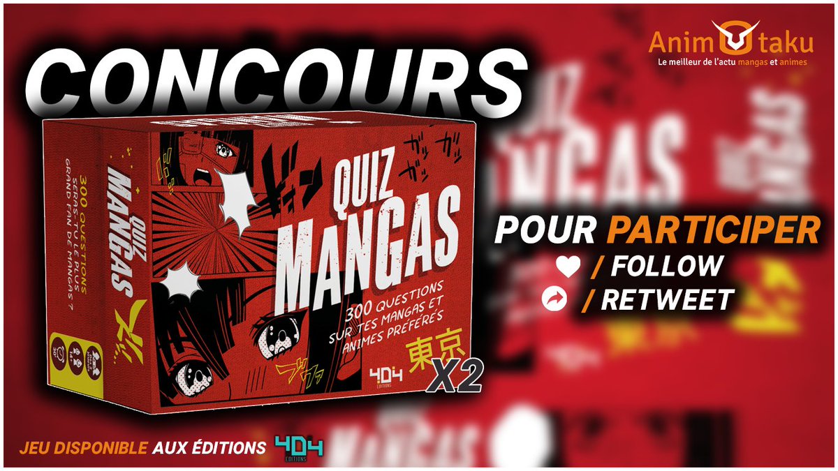 AnimOtaku_fr's tweet photo. 🎁 CONCOURS 🎁

On fait gagner 2 exemplaires de notre jeu de société Quiz Mangas, réalisé avec les éditions 404 🥳

300 questions pour vous amuser entre amis cet été ! 🤩

Pour participer :
☑️ Follow @AnimOtaku_fr &amp; @404editions 
🔁 RT ce tweet

TAS le 17/06 ! 👀

#anime #manga https://t.co/6DfWnFOW7Z
