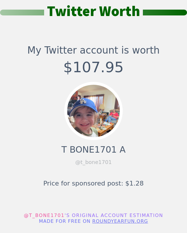 t_bone1701's tweet photo. My Twitter worth is: $107.95

➡️ https://t.co/2FjmNA6dgn https://t.co/kAWUvccEBL
