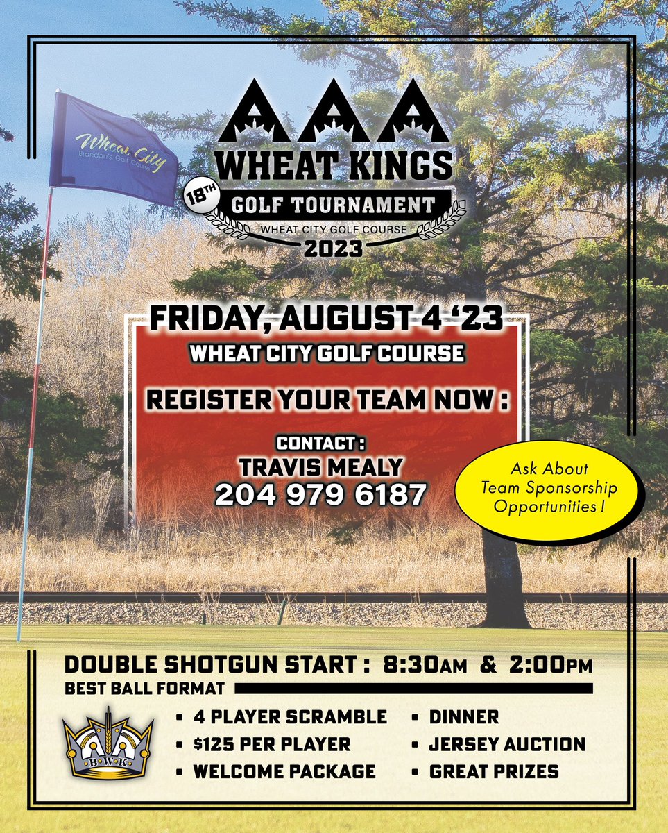 3Awheatkings's tweet photo. We are excited to announce the Brandon AAA U18 Wheat Kings 18th annual golf tournament! 

With a little different format this year we will be putting on a double shotgun tournament with start times at 8:30 a.m and 2:00 p.m. Limited spots available for both tee times! https://t.co/yigftAcTQ7