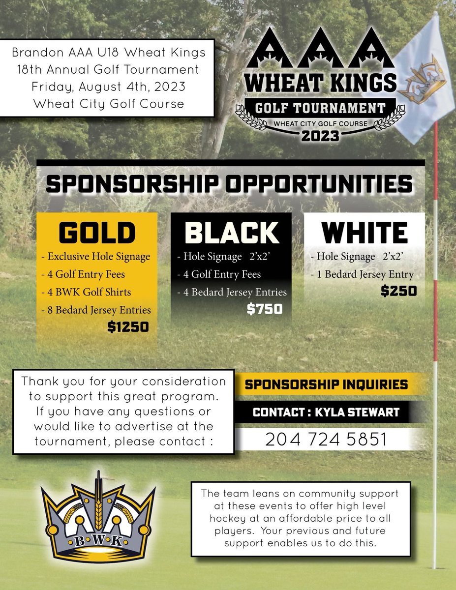 3Awheatkings's tweet photo. We are excited to announce the Brandon AAA U18 Wheat Kings 18th annual golf tournament! 

With a little different format this year we will be putting on a double shotgun tournament with start times at 8:30 a.m and 2:00 p.m. Limited spots available for both tee times! https://t.co/yigftAcTQ7