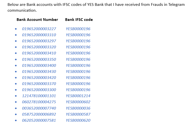 gshreya0208's tweet photo. @YESBANK @RBI @Cybercellindia @CPMumbaiPolice  I'm victim of Fraud where all Fraudulent accounts are of YES BANK-11 accounts from POWAI Branch(IFSC:YESB0000196) Cyber Crime is investigating the case in ref. to Complaint ID – 33106230082484 and 33106230082482.Please find attached. https://t.co/itFZbrn3QV