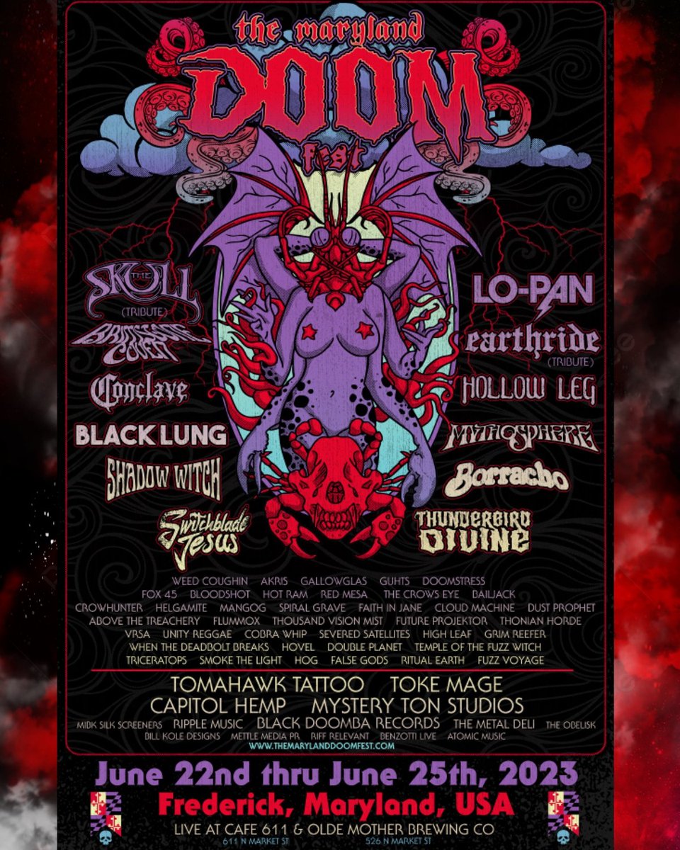 @marylanddoomfest is rapidly approaching!  We'll be getting at it @oldemotherbrewing on Day 2 with this epic lineup below!

Friday, June 23rd:
@brimstonecoven 
@guhtsband
@falsegods 
@doubleplanetband 
@templeofthefuzzwitch