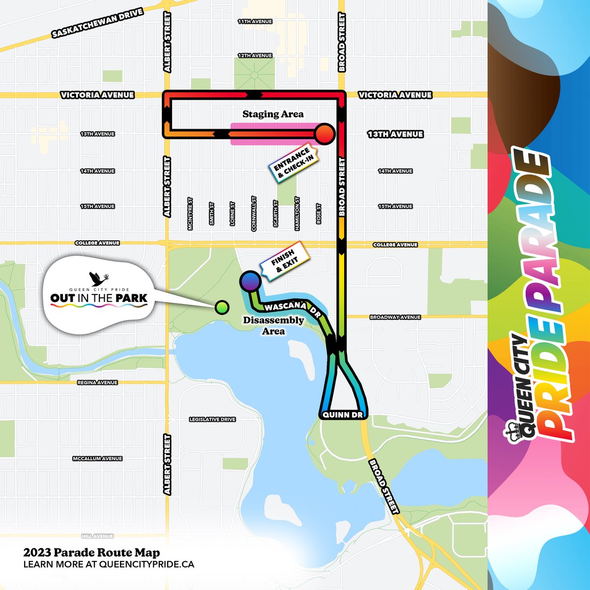 Come out and enjoy the <a href="/QueenCityPride/">Queen City Pride</a> parade starting at 12 p.m. today! 🏳️‍🌈 The parade ends at Wascana Park, so keep the parade route in mind if you're heading to Wascana Pool today. 

Details at: bit.ly/3oZJUvR
