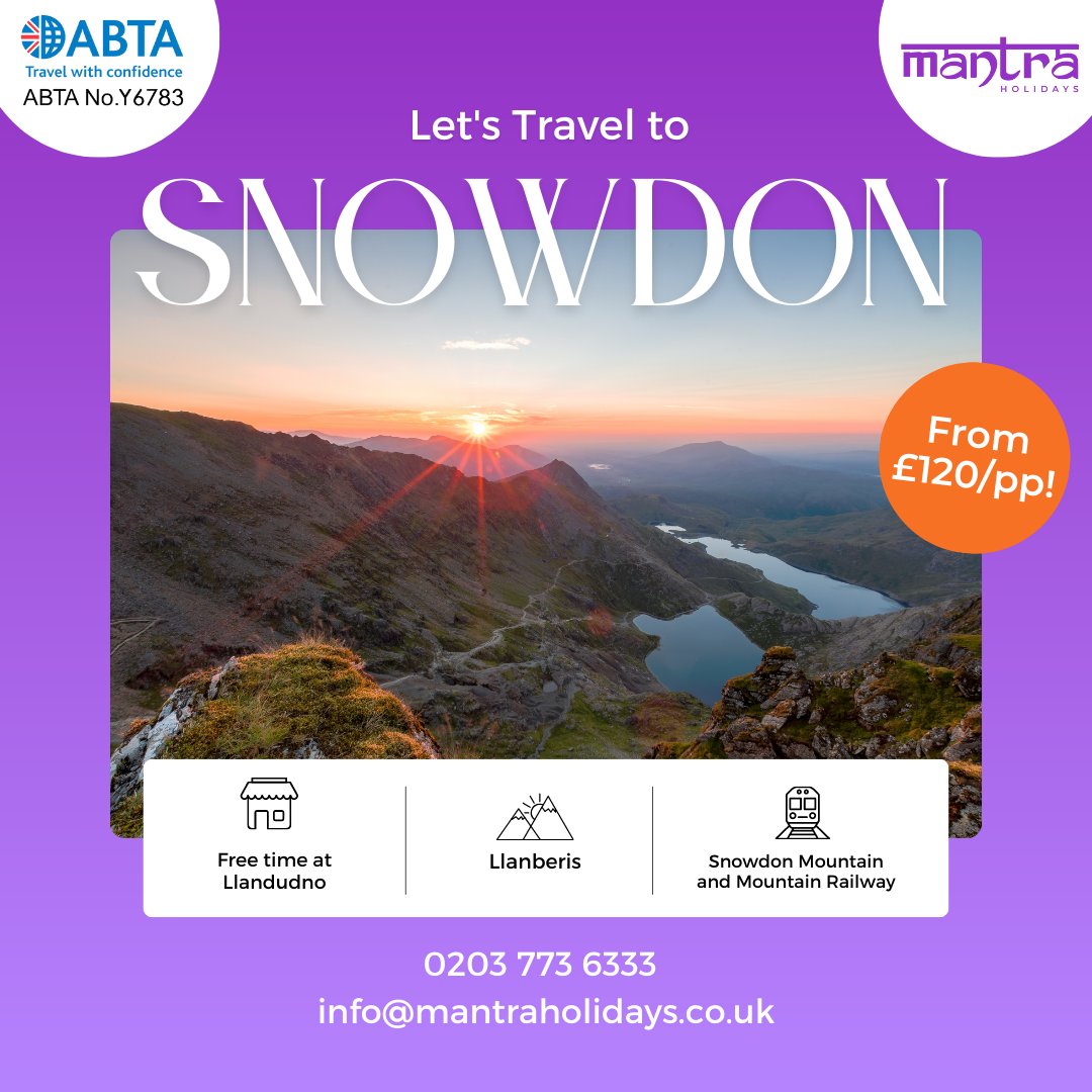 Experience the awe-inspiring beauty of Snowdonia with our 'Simply Snowdonia' tour!

Book today:
mantraholidays.co.uk/Tour/SIMPLY-SN…

#YourTravelMantra #Snowdonia #SnowdoniaMountain #Llanberis #CaernarfonCastle #Llandudno