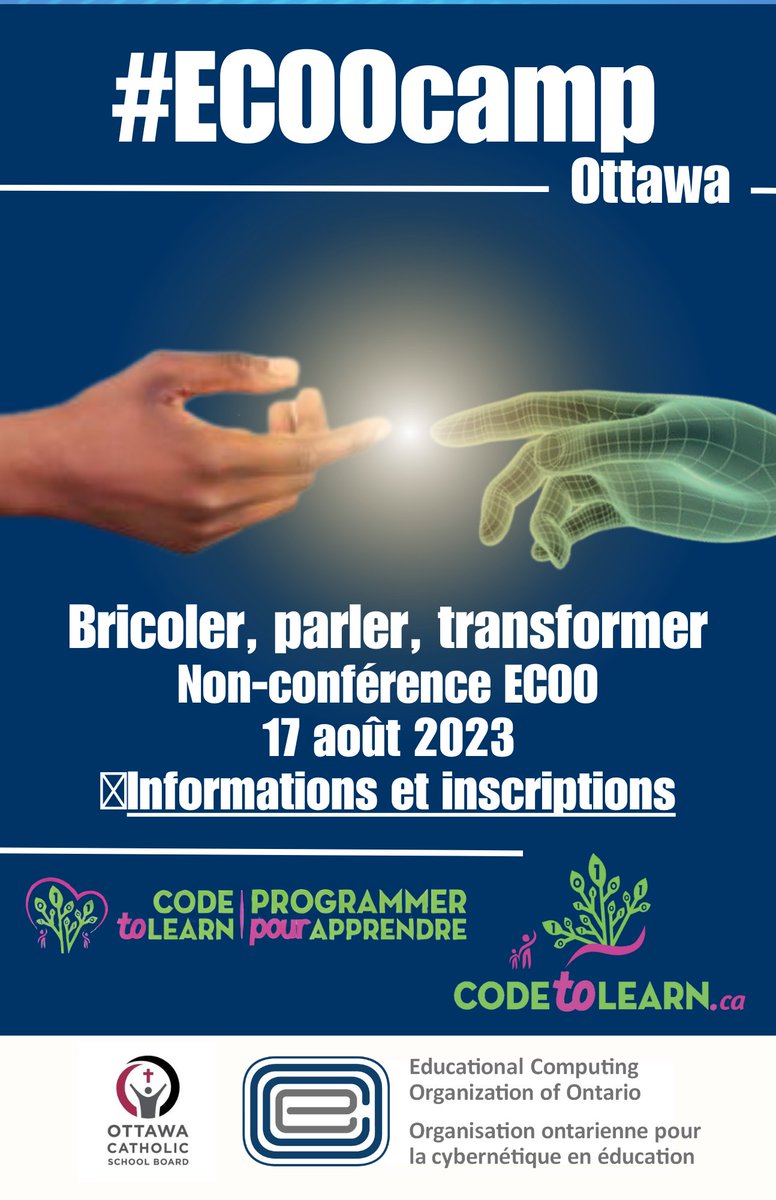 Bricoler, parler, transformer
Non-conférence ECOO
17 août 2023
Informations et inscriptions- https://t.co/4pIuaFh0w3
#ECOOcamp @cancodetolearn @cocobuild #ECOO #onted