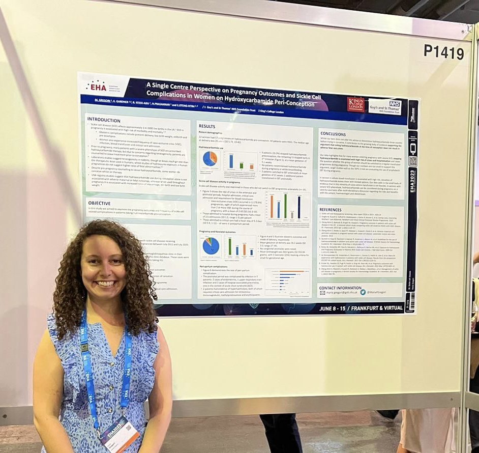 It has been a great few days at #EHA2023 a privilege to have the opportunity to share our findings on pregnancy and sickle cell outcomes in patients taking hydroxycarbamide 🩸 huge thanks to Dr Nita Prasannan and <a href="/ntim_oteng/">Eugene Oteng-Ntim</a> for their excellent supervision <a href="/EHA_Hematology/">European Hematology Association</a>
