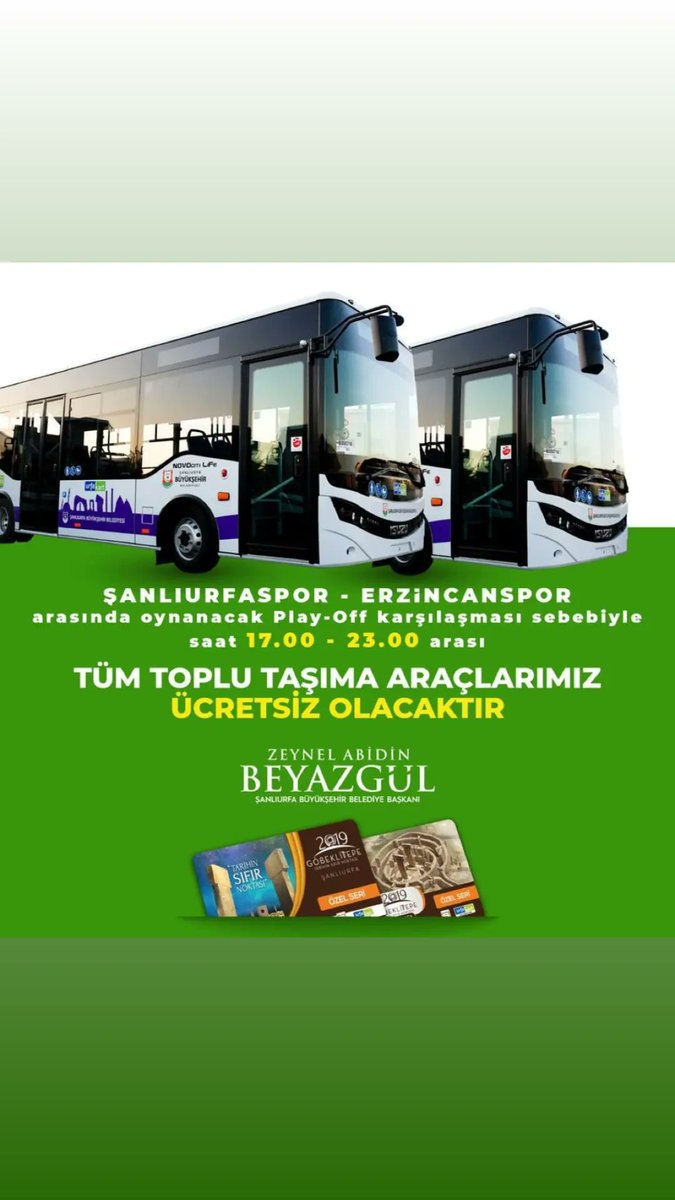 Haydi #Şanlıurfa stada🔰

<a href="/Sanliurfaspor/">Kızılkaya Tarım Şanlıurfaspor</a>'umuzun Erzincanspor karşısında mücadele vereceği Play-Off maçında takımımızı yalnız bırakmayalım, statta buluşalım.

11 Haziran 2023 Pazar günü tüm toplu taşıma araçlarımız saat 17.00 - 23.00 arası ücretsiz olacaktır.

O sene bu sene olsun