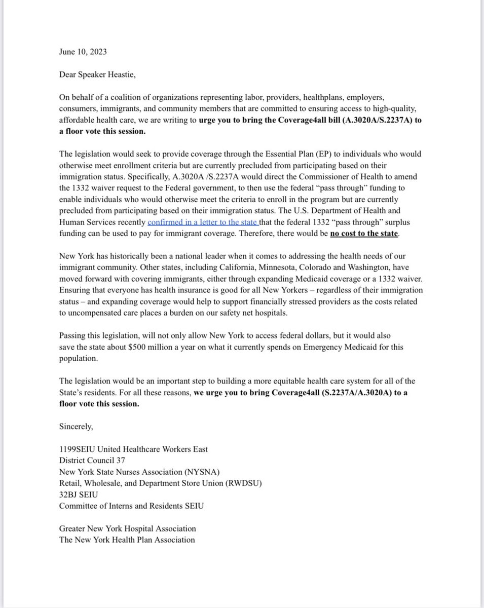 ZackFinkNews's tweet photo. Broad coalition including unions, health plans, and community organizations urging @NYSA_Majority to bring the “Coverage for All” bill to the floor for a vote in the final hours of the legislative session. Letter below ⬇️ https://t.co/4qvPchjP6S