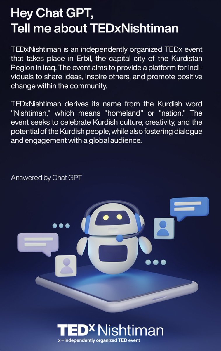 rawand_hussen's tweet photo. @TEDxNishtiman 
#TEDxNishtiman
#ChatGPT #TEDx https://t.co/mBqzMnMBmQ