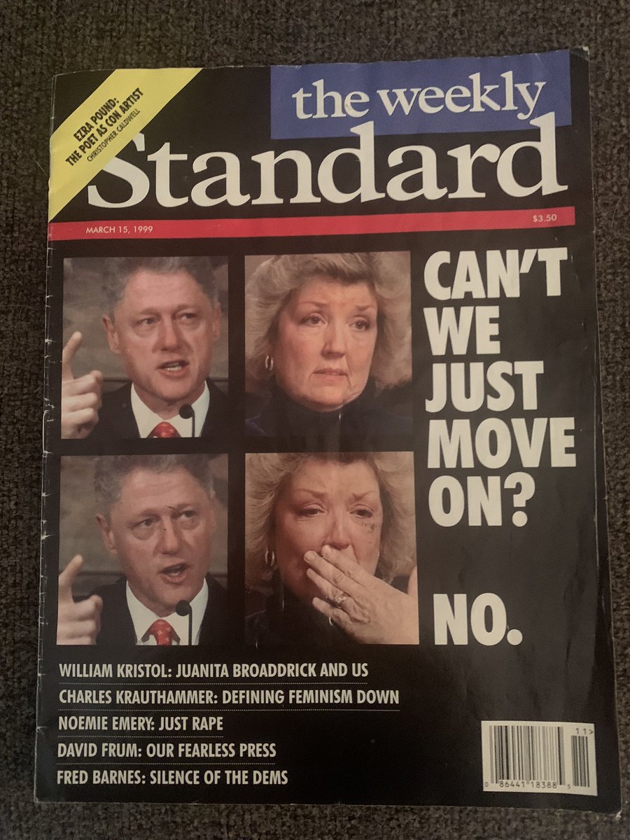 Bill Clinton trending over his past criminal sexual predatory behavior. Been there. Done that. Here’s the cover of the Weekly Standard in March 1999 after my Dateline interview which was held until after his impeachment. The Clinton’s are Untouchable.