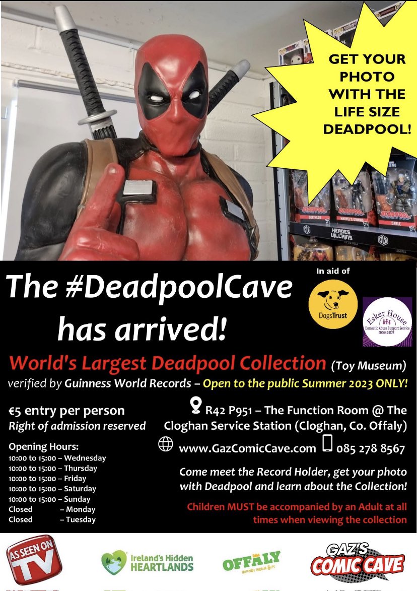 marys_nscloghan's tweet photo. Congratulations Gareth Pahliney on the amazing #Deadpoolcave located in Cloghan Service
Station, Co. Offaly, R42 P951, Wed to Sun, 10am-3pm, June to August 2023. Our Principal attended the official launch & highly recommends a visit. Well done to the Pahliney family ππ ππ https://t.co/Mzh3S4O1T7