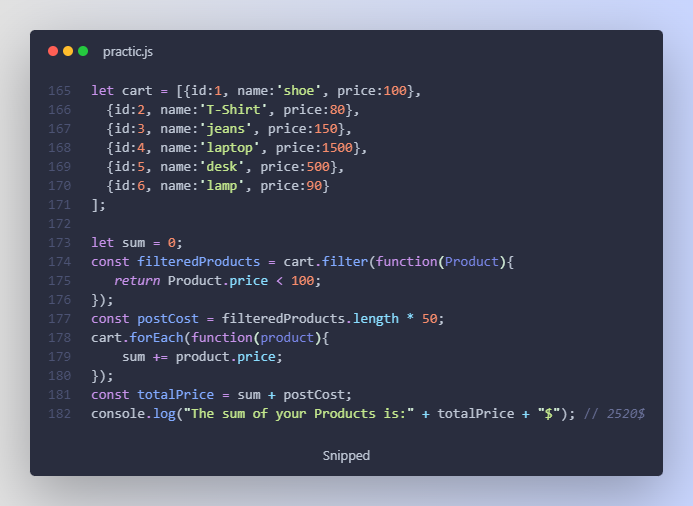 Day 22 #100DaysOfCode :
✅ learned map() and filter() method in #javascript .
✅ coded a small project with them about the cost of a post.

#devbubble