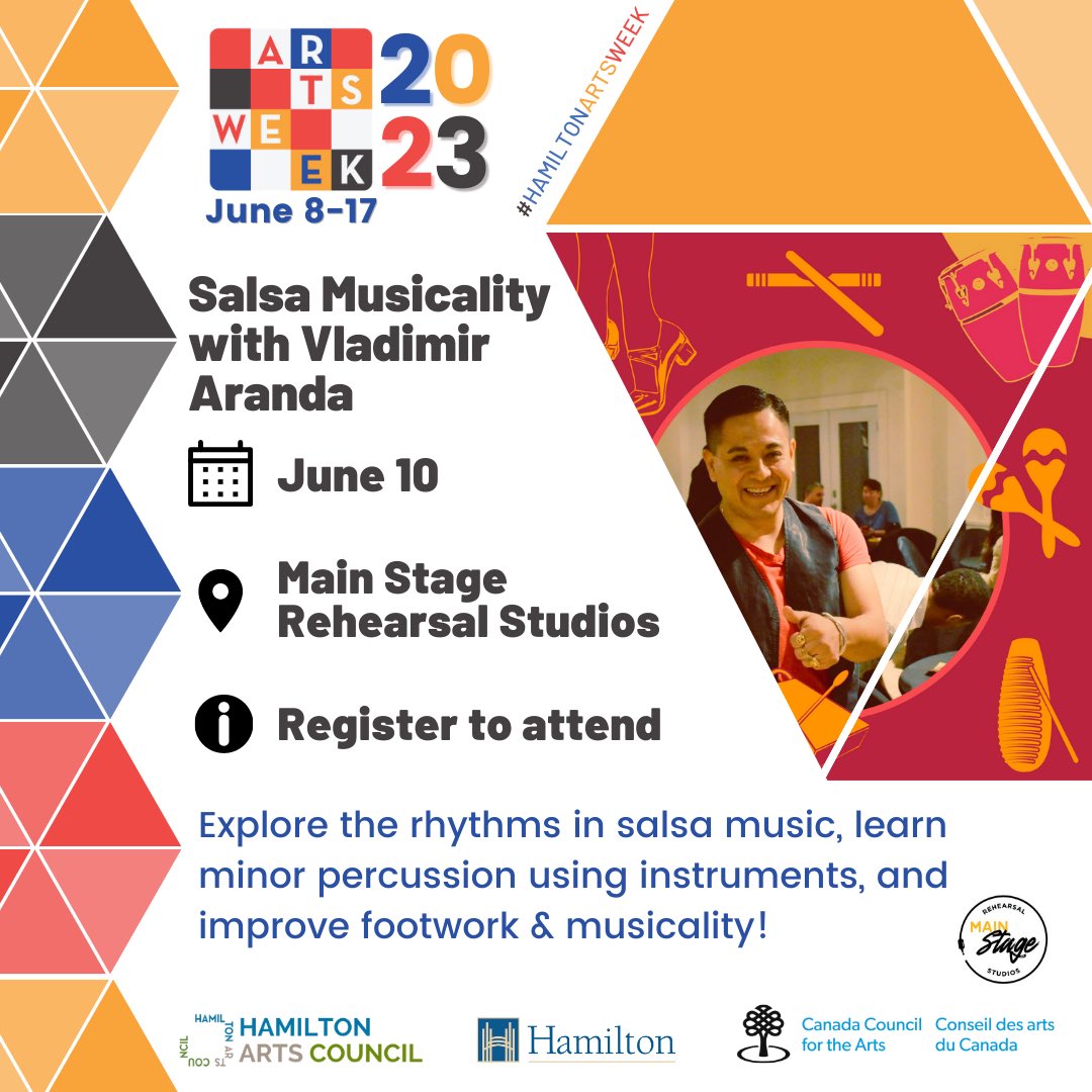 Hey #HamOnt! There’s still time to join us TODAY at our signature #HamiltonArtsWeek SALSA MUSICALITY workshop with Vladimir! Beginners welcome! 4-6 p.m. at Main Stage Studios ~ All info here: tinyurl.com/2p966tkh ~ Many thanks @HamiltonArtsCouncil &amp; Main Stage for the support!