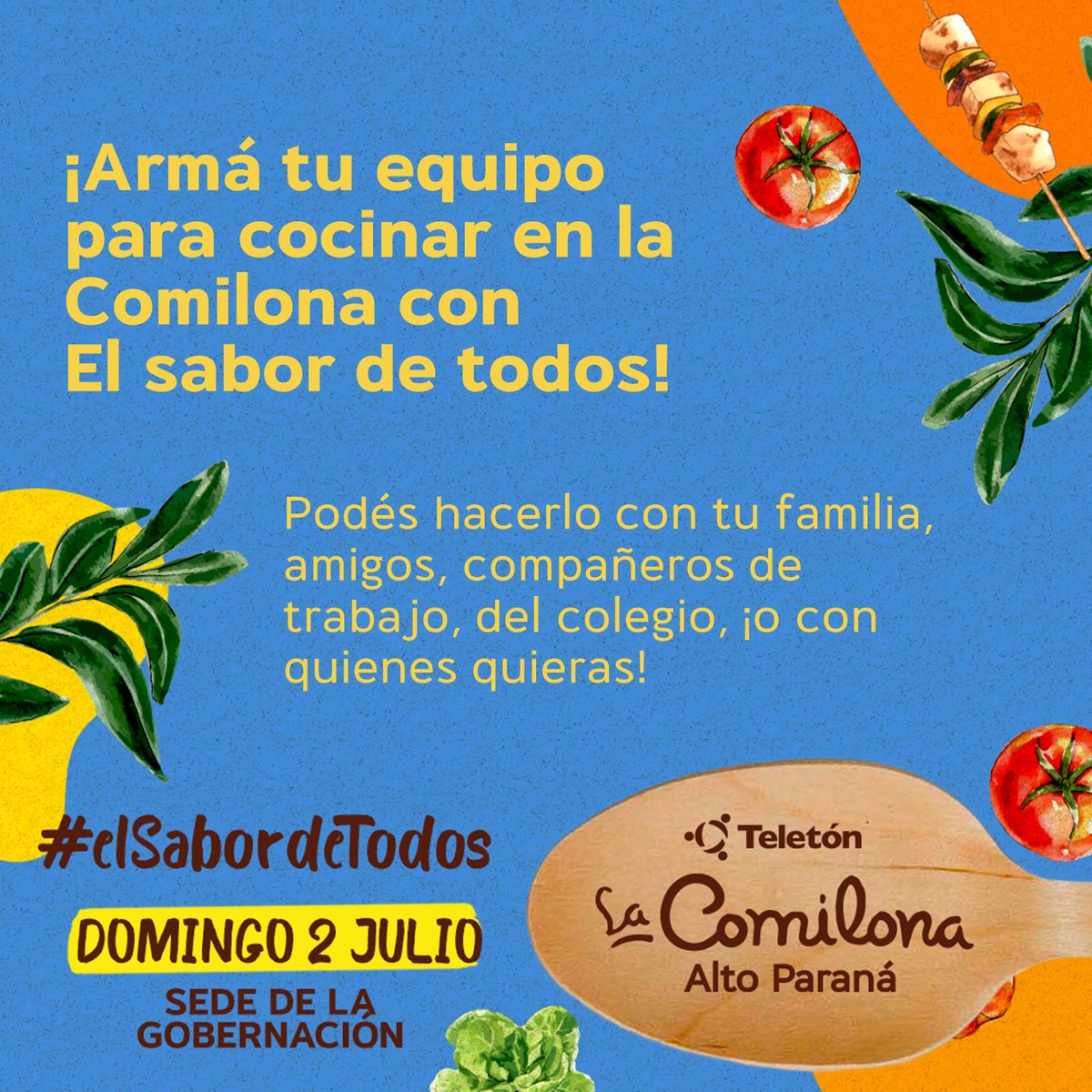 TeletonParaguay's tweet photo. ¡Sumate como cocinero o cocinera en La Comilona de Alto Paraná! 🥗🥰

Este 2 de julio junto con tu familia, amigos, compañeros de trabajo, podés ser parte compartiendo tu sabor en la fiesta gastronómica más grande de la región. ✨

📲 Comunicate al 0971-346-493 https://t.co/Q1C12FCnhC