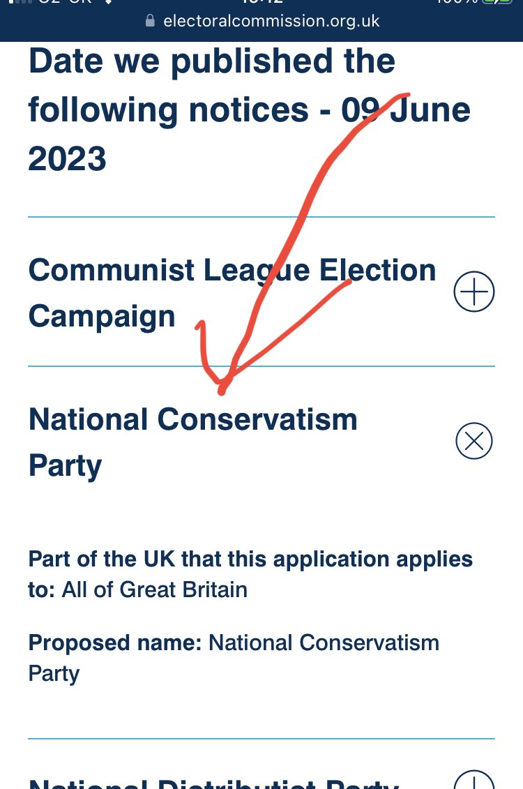 The Election Commission have just published the fact that they received an application to register a political party called the 'National Conservatism Party'. (There's not enough detail to know if it's new new or an additional name for an existing party.) electoralcommission.org.uk/who-we-are-and…