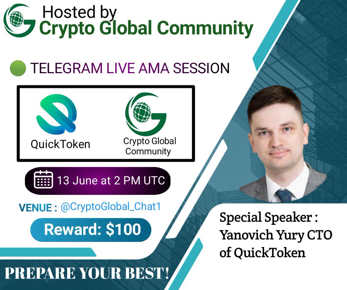 Crypto Global Community is Glad To Announce Our Next AMA with QuickToken 13 June 2023, 2 PM UTC 🎁Rewards Pool: $50 USDT 🏠Venue: t.me/CryptoGlobal_C… Rules: 1.Follow @CryptoGlobal_C & @Quicktokenorg 3.Comment Questions [ Max 2 question ]