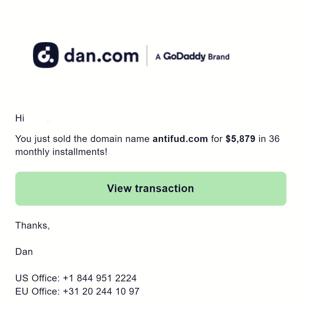Sold AntiFUD.com. One of the domains that I planned to develop but couldn't find the time. At that time I saw a need to build a platform that will asses all the FUD and  fraudulent marketing claims by competing Tech giants. Congratulations to the  buyer! #DomainSold