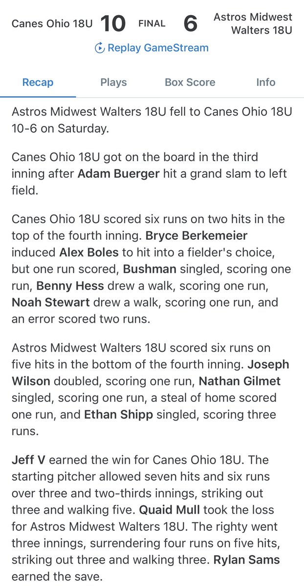 CanesOH_Recruit's tweet photo. 🚨 Canes win 10-6

⚾️ @JeffreyVest15 committed @Onazbaseball gets the “W” in his first outing of the summer

⚾️ @adambuerger28 committed @ChattStTigersBB hits a grand slam 💣. His 2nd 💣 in the first 3 games of season

⚾️ @AlexBoles27 committed @WVCBaseball stays 🥵 2H, 2R, 1 RBI https://t.co/nCVNuM8GHn