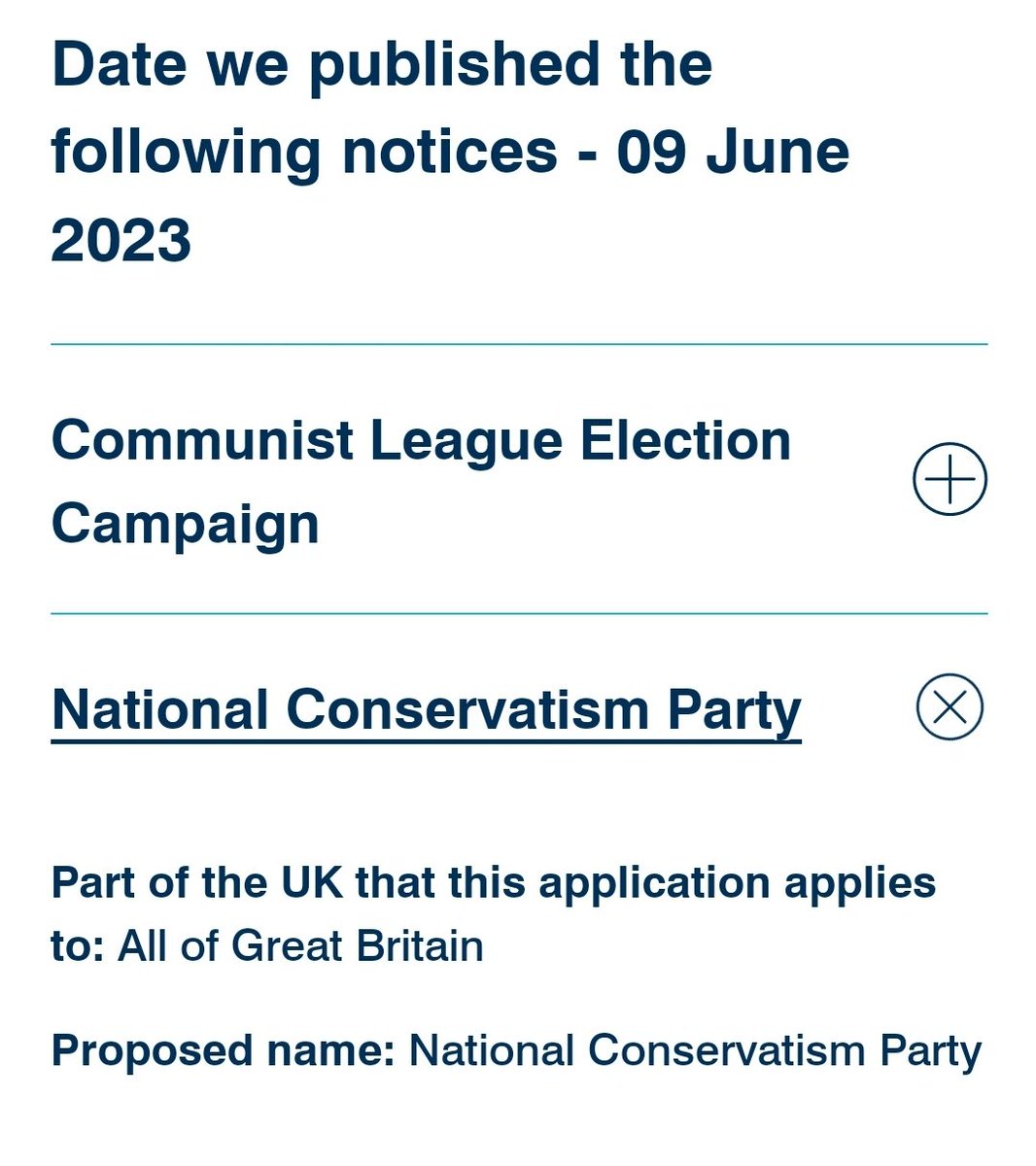 Get a load of this 👇
Yesterday, the Electoral Commission updated its notices.
Theres an application to form a new political party 'National Conservatism Party', just as tory dregs of the earth are resigning.
The Nat-C's are here, people. 
electoralcommission.org.uk/who-we-are-and…