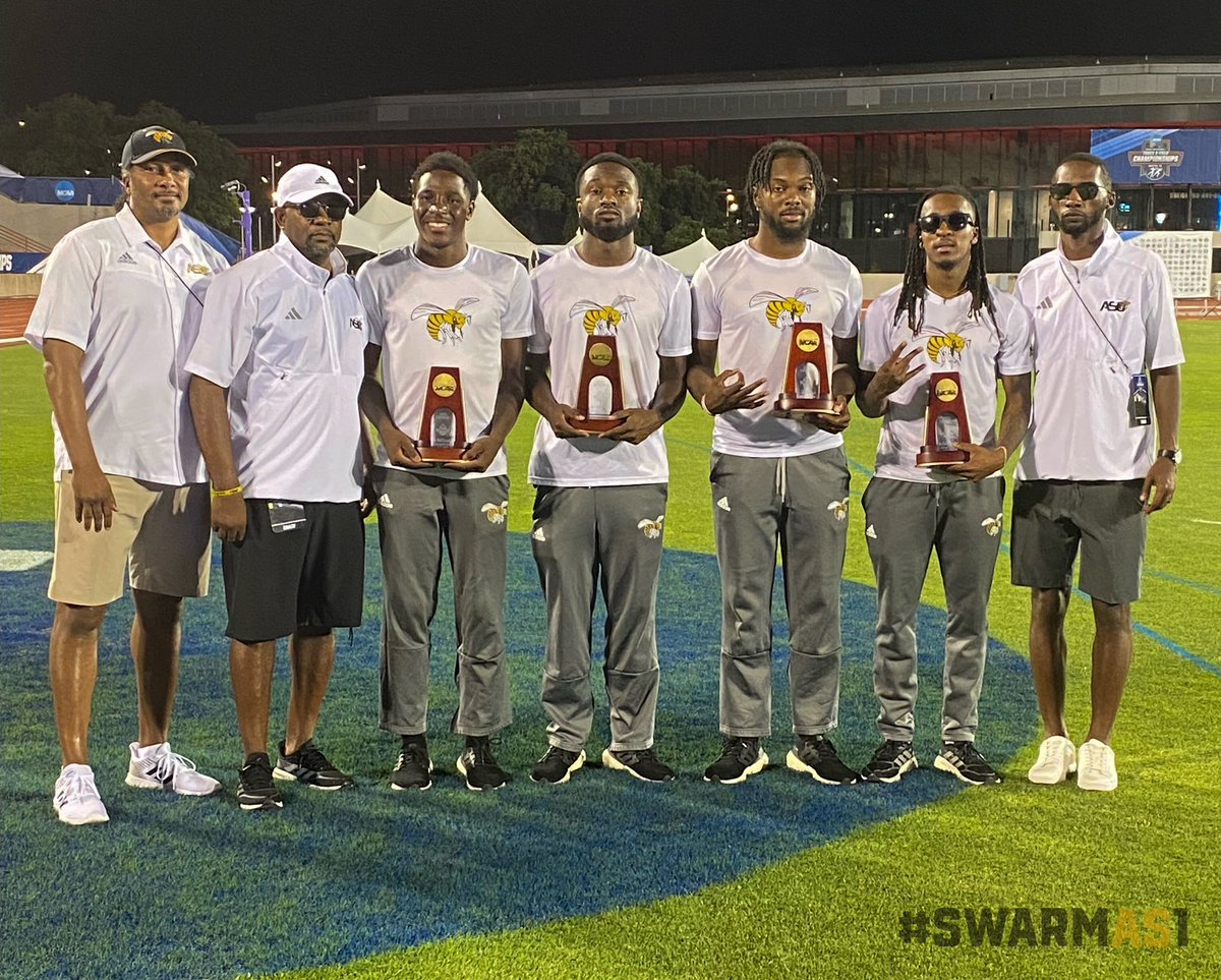 BamaStateSports's tweet photo. Introducing the @NCAATrackField First Team All American bringing home fifth place your ALABAMA STATE 4x100m RELAY TEAM 

#SWARMAS1 | #IAMSWAC | #NCAATF https://t.co/wjefFBTTDr