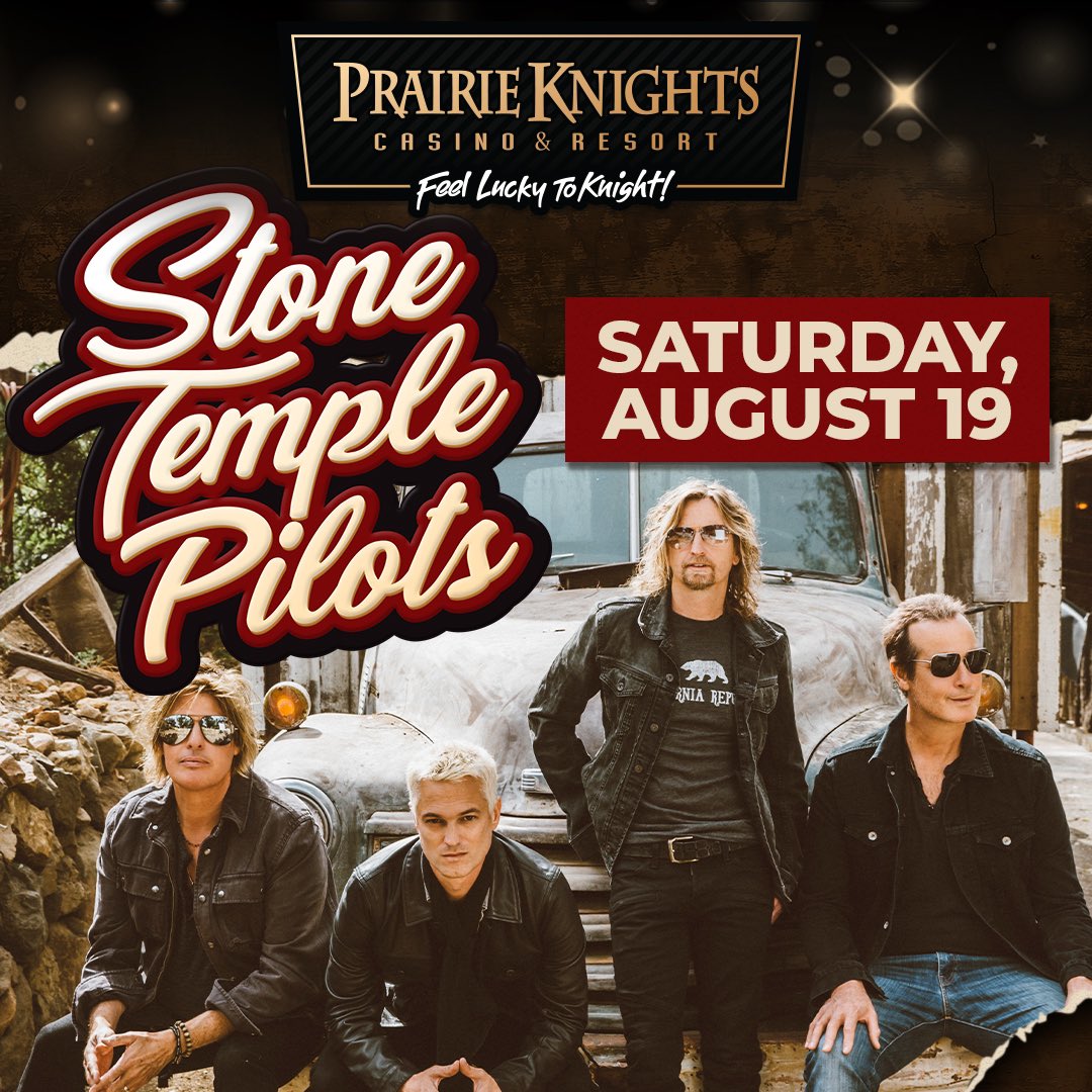 STPBand's tweet photo. We’re performing at Prairie Knights Casino and Resort in Fort Yates, ND on August 19th! Tickets are on sale now, for more info: https://t.co/EaCckF4CYd

#stonetemplepilots https://t.co/mYU5JBejAo