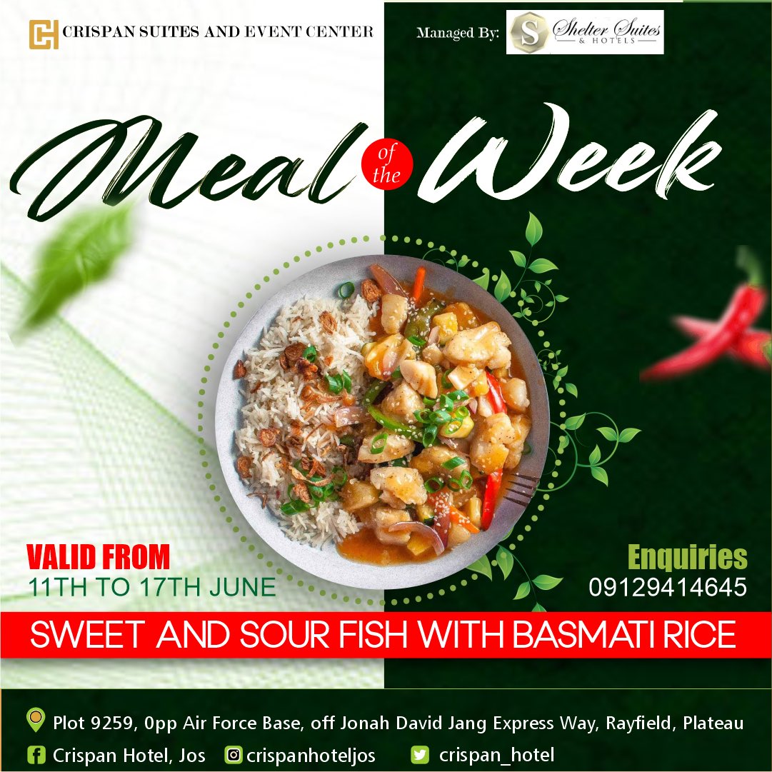 Crispan_Hotel's tweet photo. Our meal for this week is Sweet and sour
fish with basmati
Valid from 11th - 17th June 2023
Send us a DM for reservations.
#meal #mealoftheday #mealoftheweek #foodie #foodporn https://t.co/gp9vCj5eRR