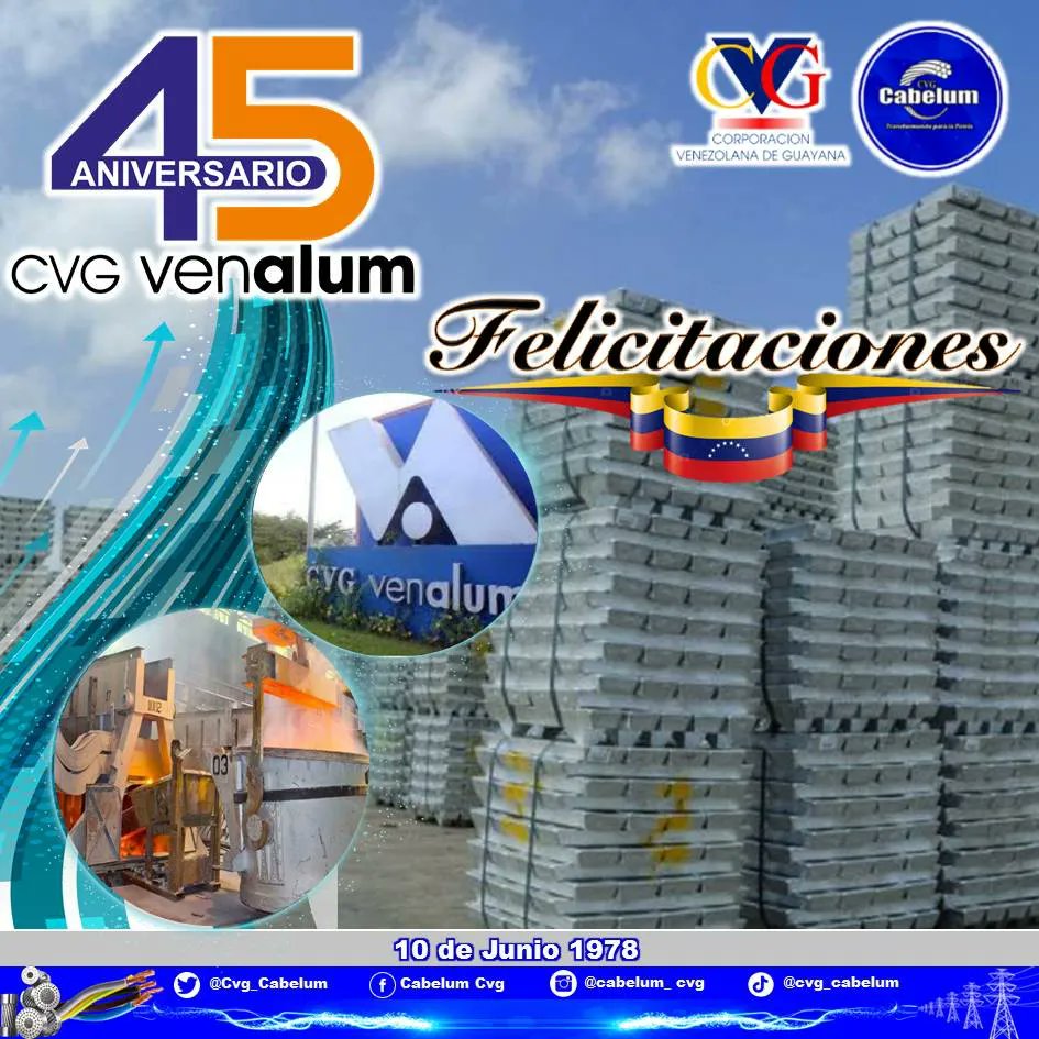 Cvg_Cabelum's tweet photo. ¡Feliz Aniversario #45! para nuestros hermanos de @VENALUM_CVG quienes convierten la bauxita en aluminio primario para que luego nuestra transformadora lo convierta en productos terminados dirigidos al mercado nacional e internacional
#VenezuelaGaranteDeLosDDHH
@NicolasMaduro https://t.co/0u9NkLlW7b