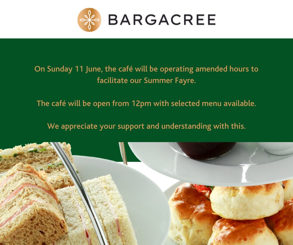 PPWHospice's tweet photo. π’ Important Update! BARGACREE CafΓ© adjusts hours tomorrow, 11 June, for the Summer Fayre at The Prince & Princess of Wales Hospice! Open at 12pm with a special menu. Your support is appreciated. #GlasgowsHospice #BargaCree #SummerFayre #40YearsOfCare https://t.co/qBbXGKOYXv