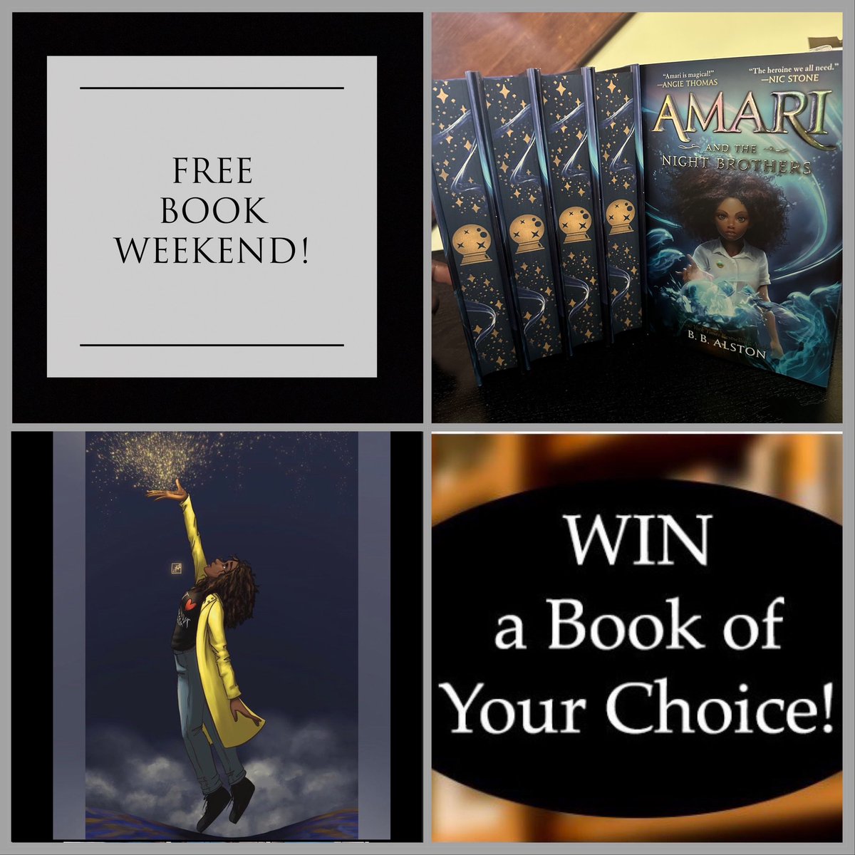 FREE BOOK WEEKEND! just retweet, reply, and follow and I’ll randomly select 5 winners to receive a signed special edition of AMARI AND THE NIGHT BROTHERS, an Amari art card, and an additional book of your choice!