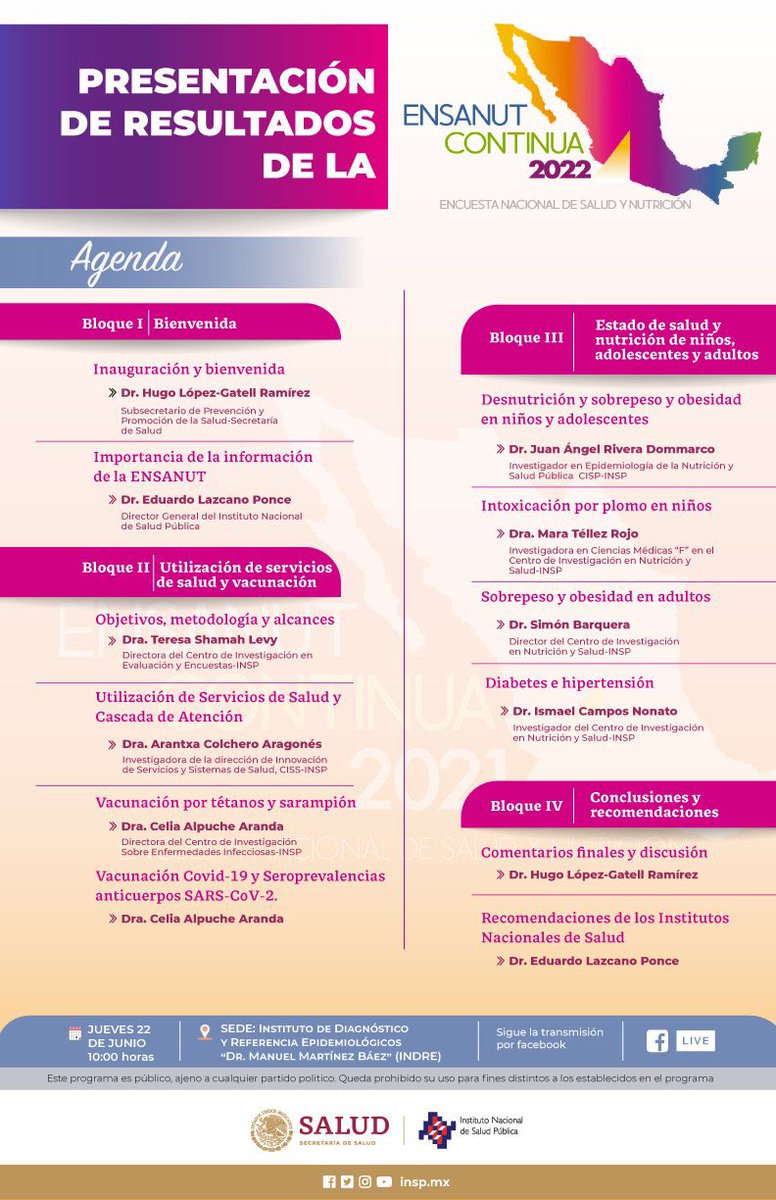 Te invito a conocer las estadísticas nacionales más actuales de hipertensión, diabetes, obesidad y otros temas de salud. Este 22 de Junio presentamos los resultados de ENSANUT 2022. Transmisión en línea. <a href="/inspmx/">INSP México</a> <a href="/1CINyS/">CINyS - INSP</a> <a href="/SBarquera/">Dr. Simón Barquera</a> <a href="/tshamah1/">Teresa Shamah Levy</a> <a href="/SSalud_mx/">SALUD México</a> <a href="/medicosergio/">Sergio Zúñiga</a>