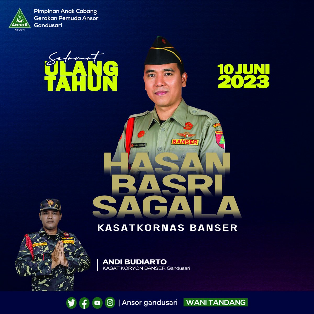 ansorgandusari's tweet photo. Segenap Keluarga Besar PAC GP Ansor Gandusari dan Satkoryon Banser Gandusari mengucapkan Selamat Ulang Tahun Komandan 

Semoga Panjang Umur dan sehat selalu Ndan
@BasriSagala, diberikan keharmonisan dg keluarganya, Istri yang semakin cinta hehe https://t.co/gTzs5XYgfw