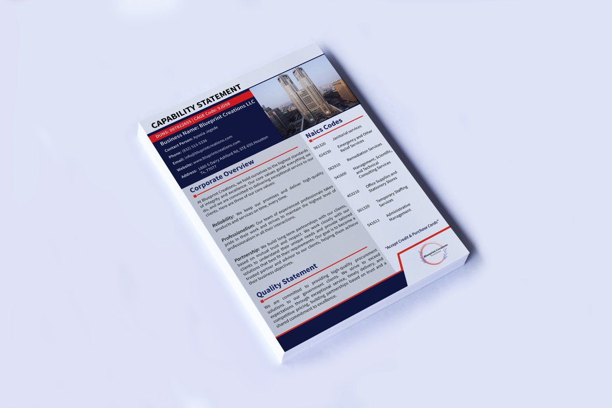 NISHATAHMMADRA1's tweet photo. Here is the capability statement design. If you need any kind of design please feel free to contact me. Thank you.
Fiverr: https://t.co/7iDHrtGHAG
Portfolio: https://t.co/diE4Y4y4be

#capability #capabilitystatement #statement #flyer #poster #magazine #booklet #lookbooks #design https://t.co/Cada5uHWcb