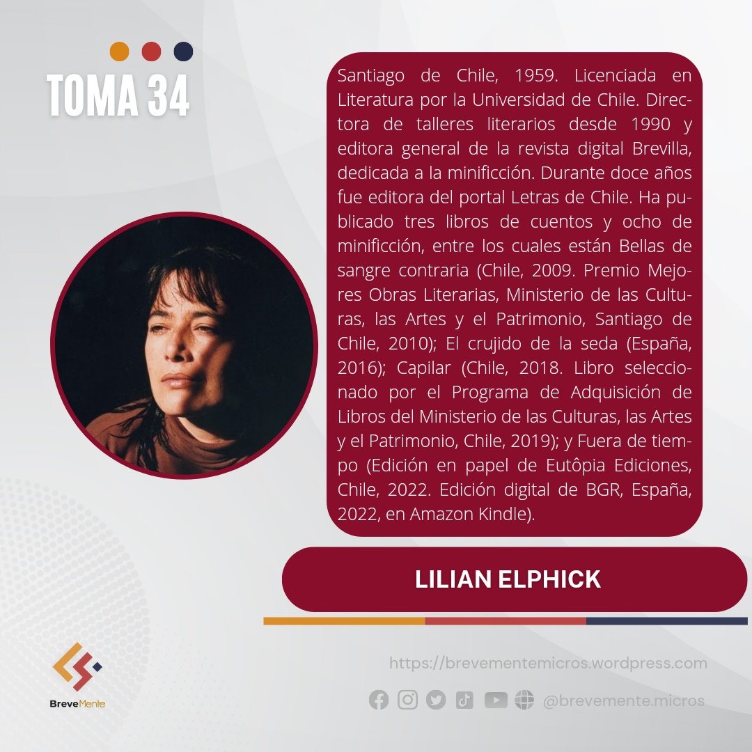 No se pierdan hoy la entrevista con la autora y editora 𝑳𝒊𝒍𝒊𝒂𝒏 𝑬𝒍𝒑𝒉𝒊𝒄𝒌 quien nos acompañará desde Chile 🇨🇱. Leeremos sus textos, compartiremos experiencias, visiones sobre la minificción y también hablaremos de su trabajo en <a href="/RevistaBrevilla/">Revista Brevilla</a>
