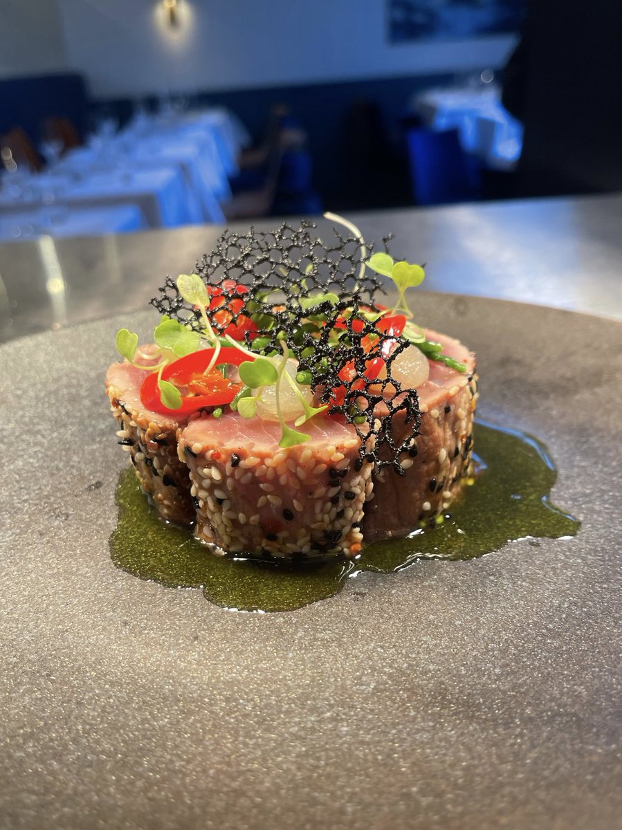 From our summer menu, Yellow fin tuna, onion seed, chili, samphire, lime, squid ink #Mimis #MimisWeybridge #MeetMeAtMimis #Surrey #SurreyRestaurant