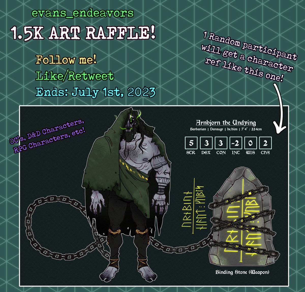 ✨1.5K ART RAFFLE ✨

TO ENTER:
💛Follow me
💚Like/Retweet
💙Ends July 1st, 2023

Winner will get a character ref like the one below!

Feel free to comment with refs for a character! (For my own curiosity. Not required to enter. KEEP IT SFW)

Thanks for all the support! 💚