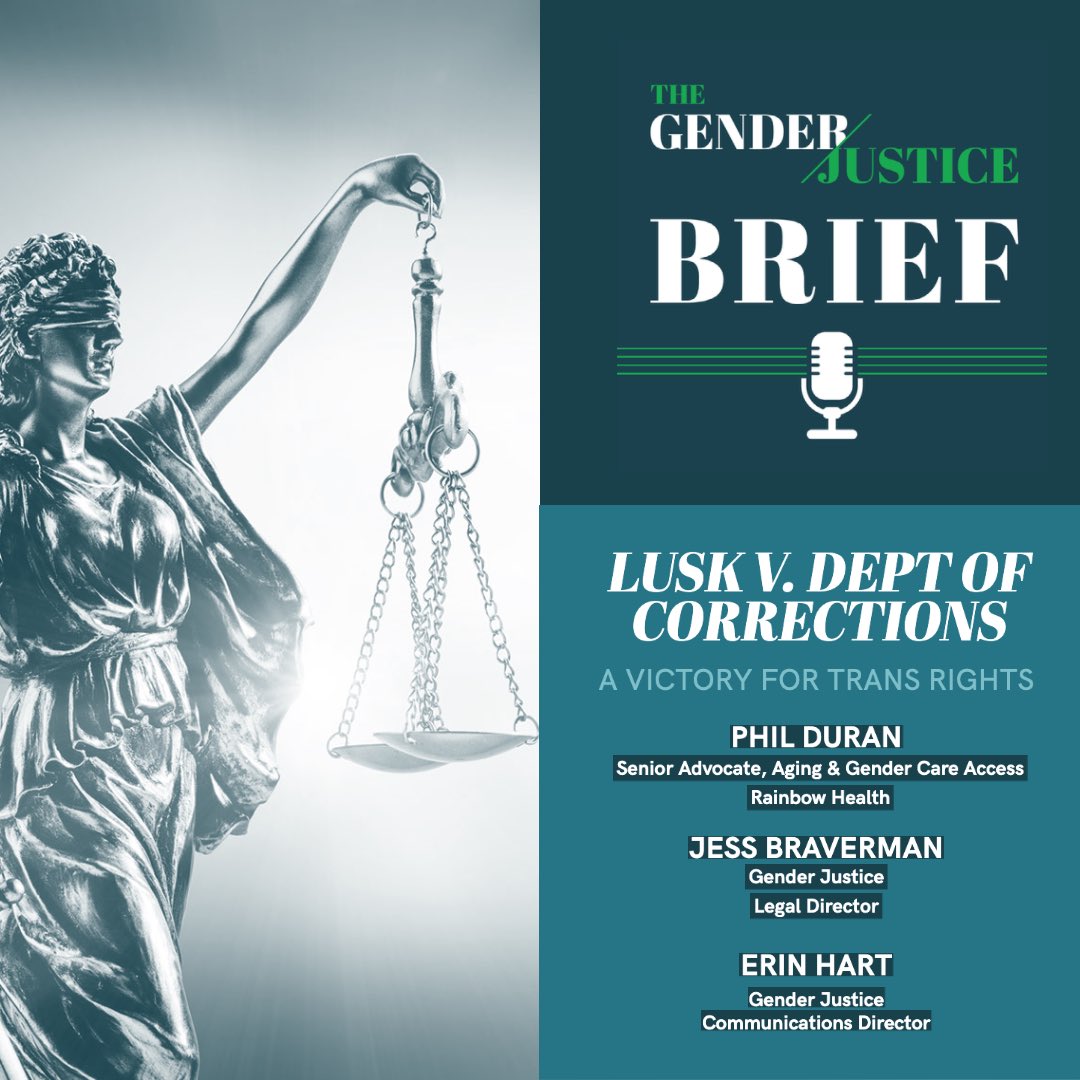 Gender Justice (@genderjustice) on Twitter photo It is unethical and unlawful to deprive incarcerated people of the care they need, simply because they are and transgender.
On the newest episode of the #GenderJusticeBrief podcast, <a href="/Jess_Braverman/">Jess Braverman</a> talks with <a href="/RainbowHealthMN/">Rainbow Health</a>’s Phil Duran. Listen and subscribe! 🎧 It is unethical and unlawful to deprive incarcerated people of the care they need, simply because they are and transgender.
On the newest episode of the #GenderJusticeBrief podcast, <a href="/Jess_Braverman/">Jess Braverman</a> talks with <a href="/RainbowHealthMN/">Rainbow Health</a>’s Phil Duran. Listen and subscribe! 🎧